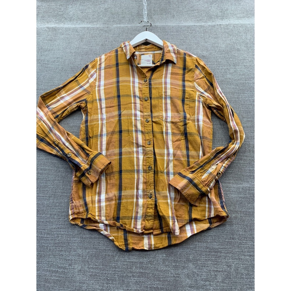SO Favorite Shirt Women Medium Yellow Plaid Flannel Back Box Round Hem Button Up